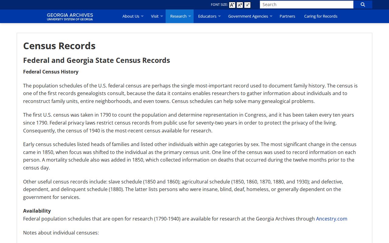 Georgia Archives census records research page for tracing past Kennesaw households
